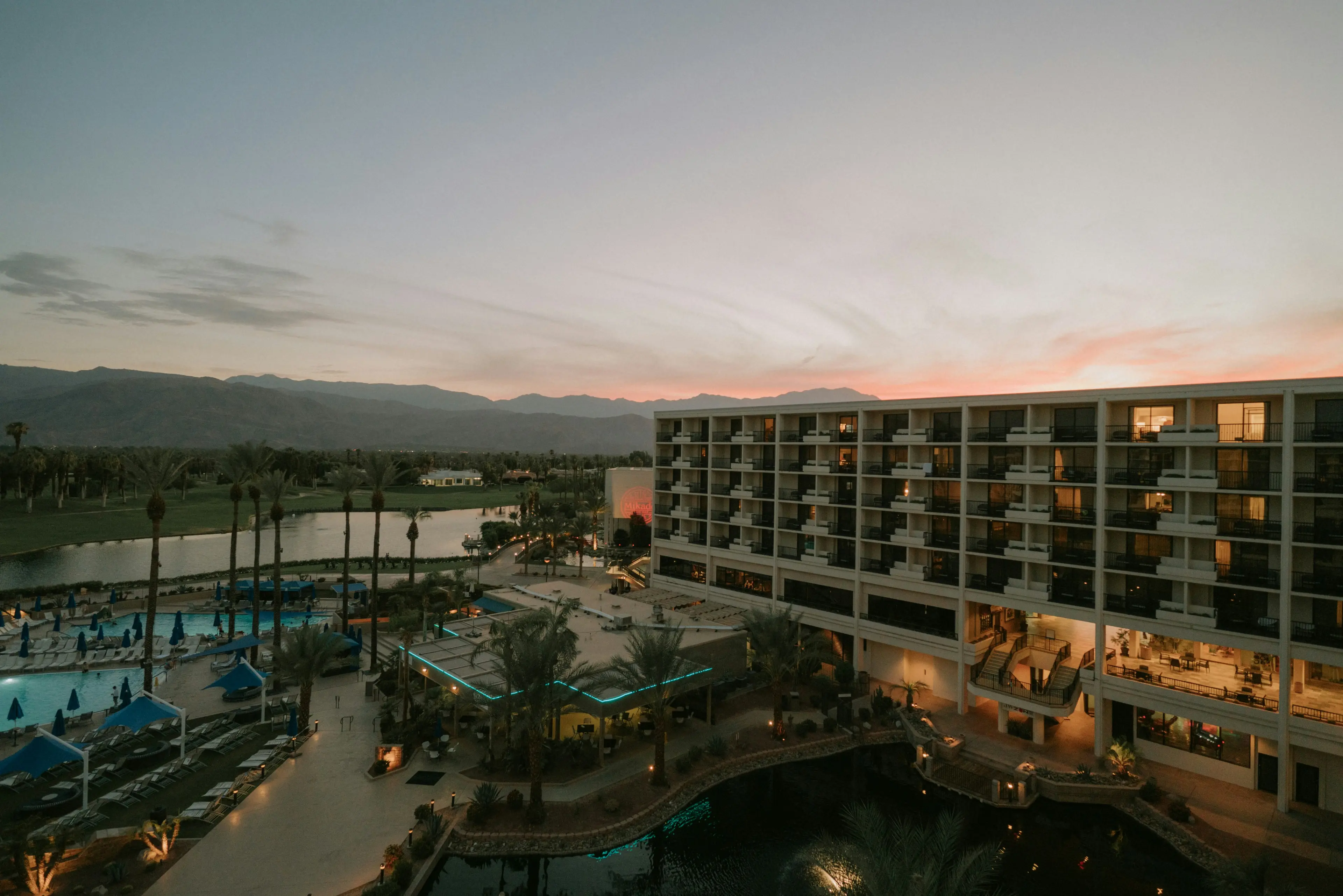 Hotel amenities overview with spa, pool, and dining areas
